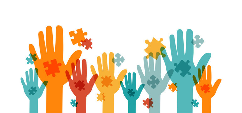 Set of colorful raised hands with puzzle elements.