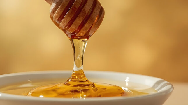 Golden Honey Dripping from Wooden Dipper Macro Shot with Warm Glow and Copy Space for Text Design
