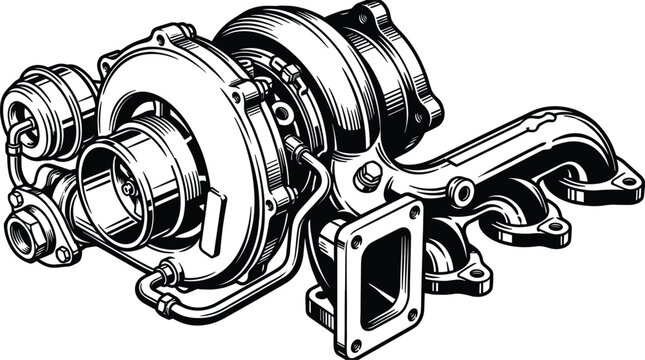 Automotive turbocharger mechanical line illustration featuring turbo housing, compressor wheel, exhaust manifold, pipes, bolts, and engine components