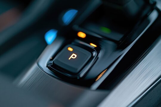 The Park Button on a Modern Car Gearshift Console Closeup