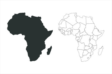 Fototapeta premium Africa map silhouette and thin black country outline vector set isolated on white background