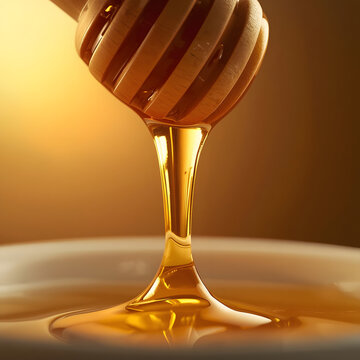 Golden Honey Dripping from Wooden Dipper Macro Shot with Warm Glow and Copy Space for Text Design
