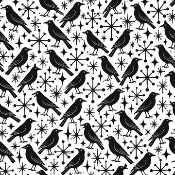 Black crows and mid-century modern starbursts seamless pattern, retro gothic vector background, spooky halloween textile design