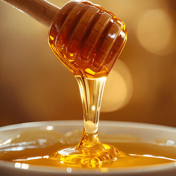Golden Honey Dripping from Wooden Dipper Macro Shot with Warm Glow and Copy Space for Text Design