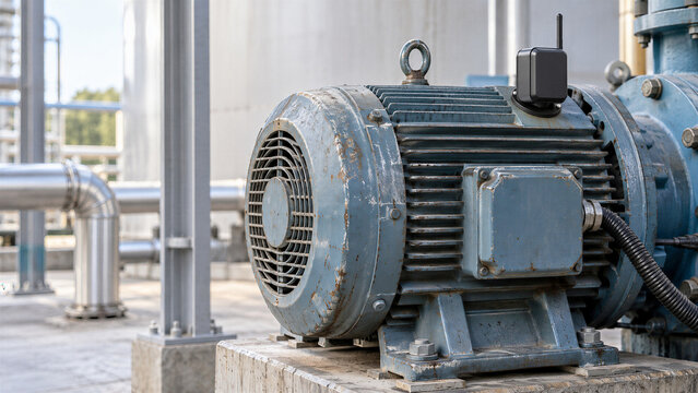 An industrial motor stands on a concrete base beside process piping. A wireless sensor sits on its weathered housing. Predictive maintenance supports condition monitoring and planned repair.
