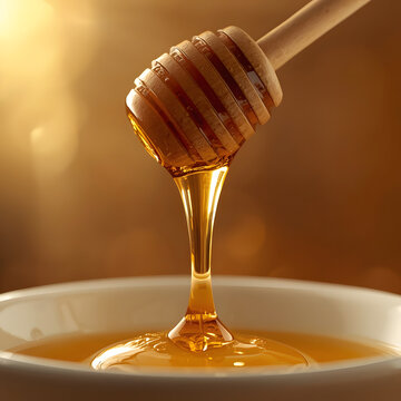 Golden Honey Dripping from Wooden Dipper Macro Shot with Warm Glow and Copy Space for Text Design