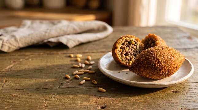 Fried kibbeh cross section with menu copy space