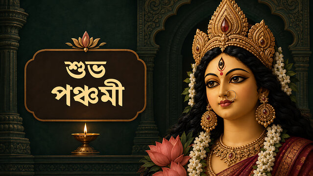 Regal goddess durga portrait with lotus flowers temple architecture and glowing diya celebrating maha panchami durga puja and navratri devotional festive festival