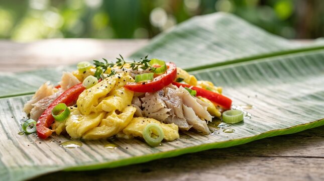 Macro folds of Jamaican ackee and flaky saltfish