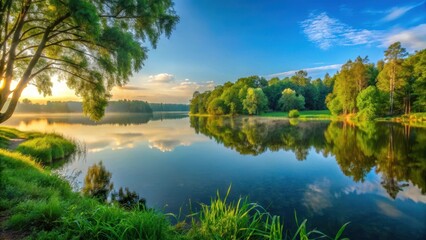 Fototapeta premium Panoramic view of a serene lake shore with lush greenery and trees surrounding a calm lake surface at dawn , panoramic, lake