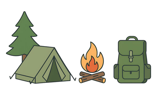 Flat vector illustration of camping and outdoor wilderness adventure concept featuring a triangular camp tent, campfire, and backpack isolated on a white background. 
