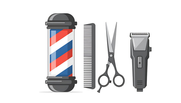 Set of flat vector icons for barber shop and hair salon including a barber pole, comb, scissors, and hair clipper isolated on a white background. 