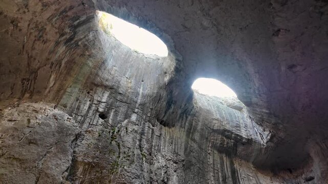 Prohodna Cave Eyes Of God Natural Rock Openings Interior View Karlukovo Bulgaria Geological Formation Summer Hiking Tourism Destination Stock