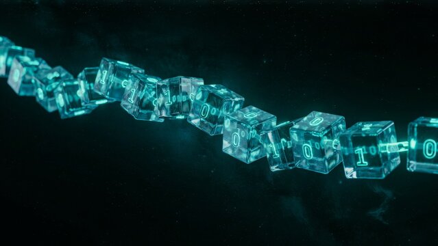 Abstract blockchain network with digital chain links and data cubes on blue tech background, perfect for cryptocurrency and fintech concept