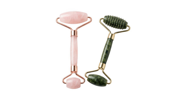 Two facial massage rollers made of rose quartz and green jade isolated on transparent background