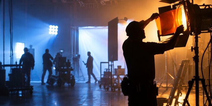 A film technician adjusts a studio spotlight on a production set. The worker appears as a sharp silhouette beside a Fresnel lamp. Film production takes place behind the scenes in a studio.