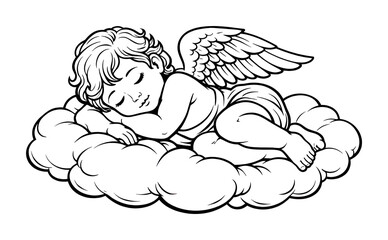 Obraz premium PNG Sleeping cherub on fluffy cloud.