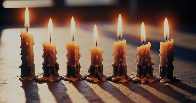 Row of seven burning candles with dripping wax.