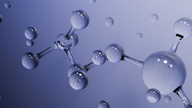 Molecule bubble glass sphere blue liquid science abstract structure with floating droplet clean laboratory concept