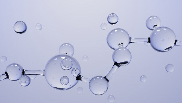 Bubble molecule water droplet glass sphere blue background transparent liquid abstract science pattern with floating connection and clean glow