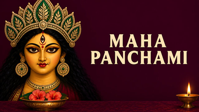 Divine goddess durga portrait with ornate crown hibiscus offering and glowing diya celebrating maha panchami durga puja and navratri festive devotional background