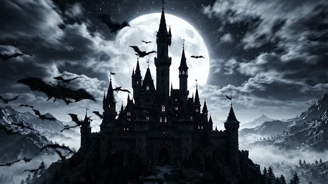 Spooky Castle Silhouette on Mountain Under Full Moon with Bats on Halloween Night - A dramatic silhouette of a dark, gothic castle stands atop a mountain under a large full moon.