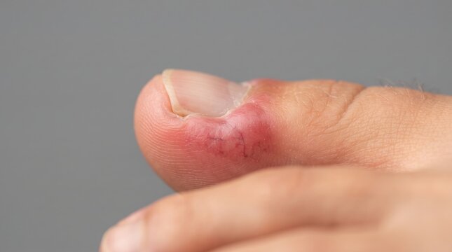 Close up of paronychia on a finger showing severe redness, swelling, and inflammation around the nail bed.