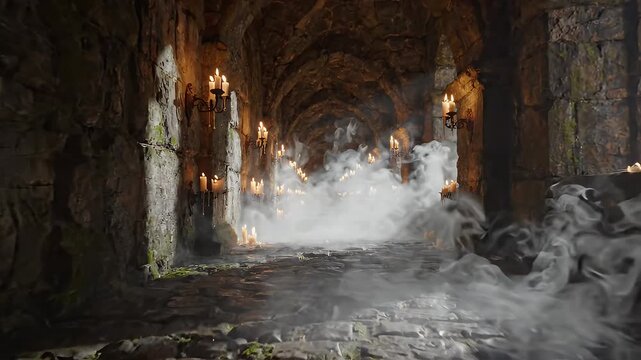 Mysterious Haunted Corridor Illuminated by Candles - A dimly lit stone corridor is filled with smoke and illuminated by numerous flickering candles, creating a mysterious and eerie Halloween