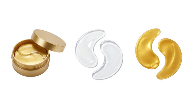 Set of gold and clear hydrogel eye patches in a jar and displayed separately isolated on transparent background