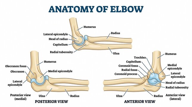 Medical illustration of human elbow anatomy with labeled bone structure