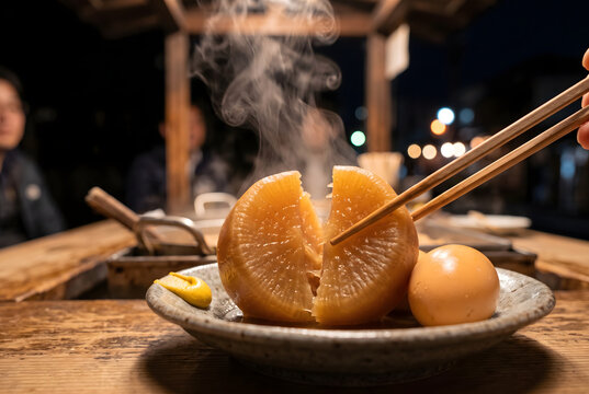 Chopsticks splitting a simmered daikon round at an oden stall at night