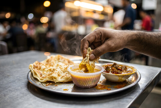 Hand tearing roti canai and dipping it into yellow dhal at a stall
