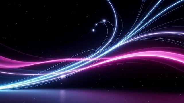 Abstract background with glowing blue and pink light waves and particles in dark space