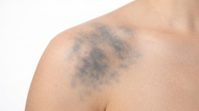 Close up of a large dark blue bruise, subcutaneous hemorrhage, or mongolian spot on a woman's shoulder.