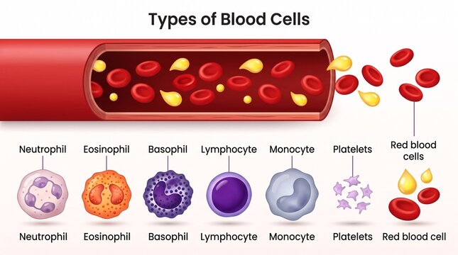 Types of human blood cells diagram with vessel and labels