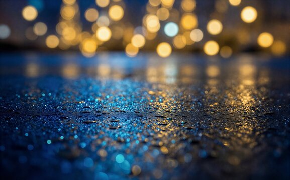 Raindrops glisten on wet pavement under warm, blurred city lights at night.