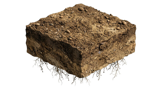 Cross section of a soil cube with roots and pebbles isolated on transparent background