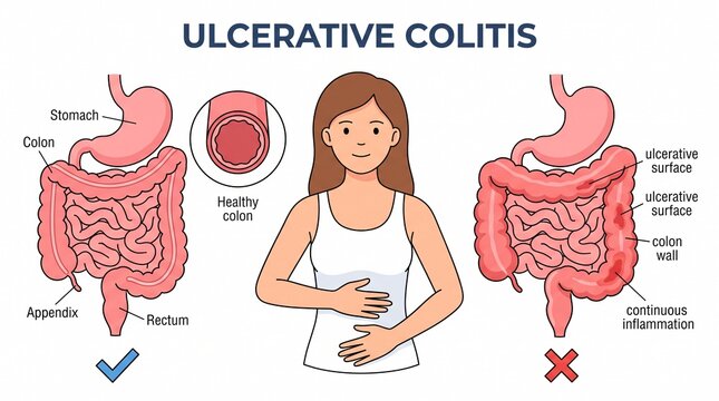 Medical illustration comparing healthy colon and ulcerative colitis