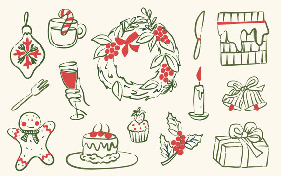 Christmas Doodle Elements Set, Hand Drawn Holiday Illustration Collection, Festive Wreath, Gingerbread Man, Gift Box Vector Line Art For Greeting Card, Banner, Pattern, Packaging Design