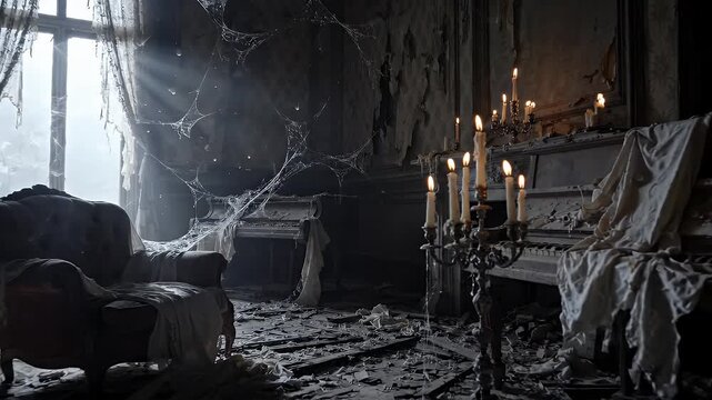Abandoned Mansion Interior with Pianos and Cobwebs - A dark, abandoned mansion interior featuring dusty pianos draped in cloth, a worn armchair, and extensive cobwebs.