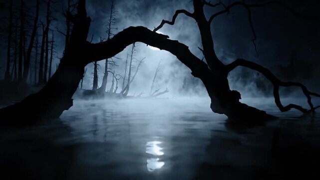 Spooky Foggy Lake at Midnight with Full Moon Reflection - A desolate, spooky scene unfolds on a foggy lake at midnight, with a bright full moon casting its reflection on the dark, misty water.