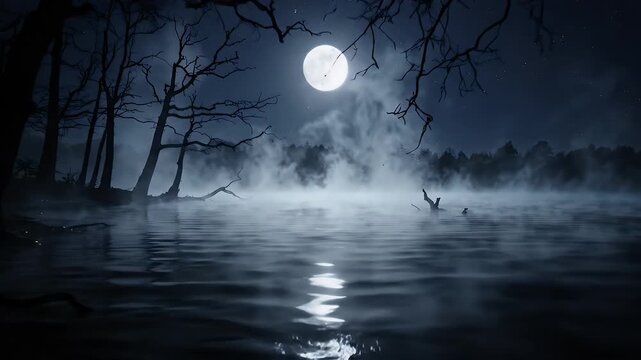 Spooky Foggy Lake at Midnight with Full Moon Reflection - A spooky and atmospheric scene of a lake at midnight, shrouded in fog with bare trees silhouetted against a full moon.