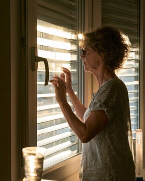 Middle aged woman closing exterior shutters to keep city apartment cool during a summer heatwave
