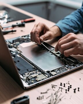 Close up of laptop battery replacement with tools and organized screws on kitchen table