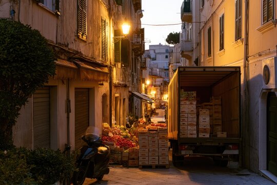 Market delivery being unloaded at dawn on a narrow town street with crates of fresh produce