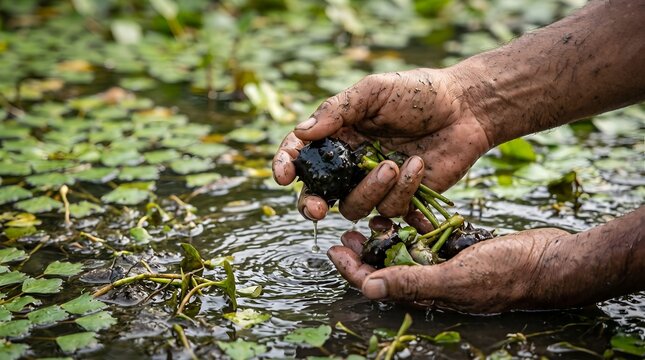 Close Up of Dirty Hands Gathering Singhara or Water Chestnuts in Water
