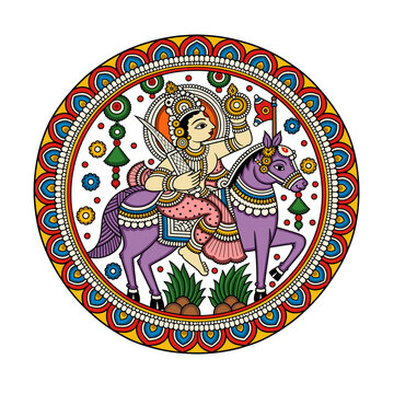 Colorful Traditional Indian Folk Art Warrior Riding a Decorated Horse in Circular Ornamental Design...