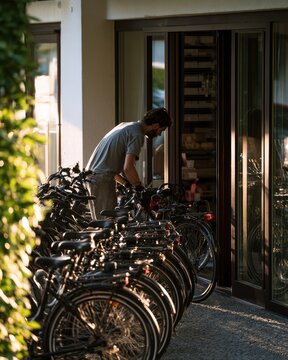 Hotel employee preparing rental bicycles outside a small local hotel for morning guests