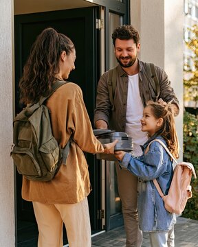 Co parents exchanging child&rsquo;s backpack and lunchbox during everyday handover at apartment entrance