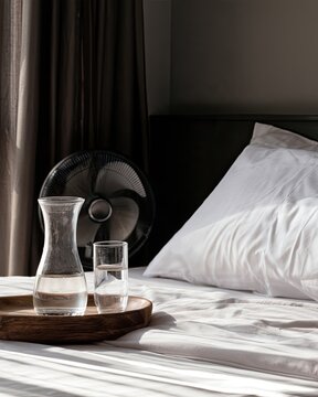 Small hotel room prepared for extreme summer heat with fan, blackout curtains and drinking water